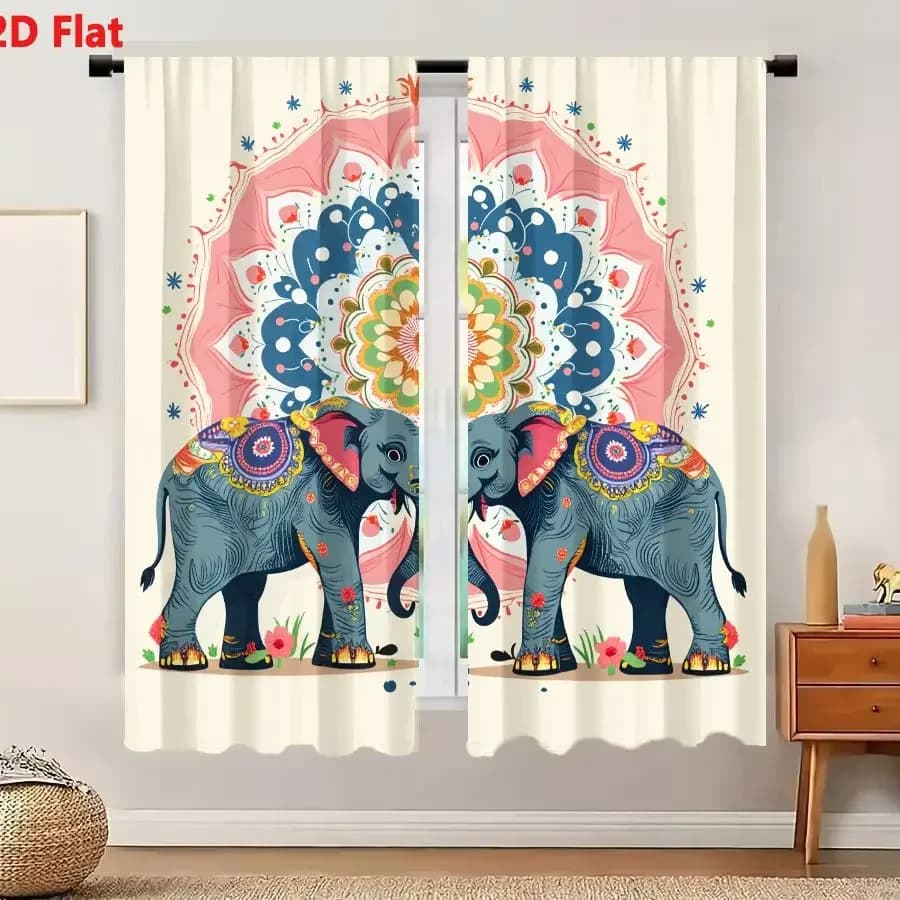 2Pcs Curtains 2D Flat Vibrant Symmetrical Elephants With Intertwined Trunks And Colorful Patterns Against Ornate Mandala Backgro