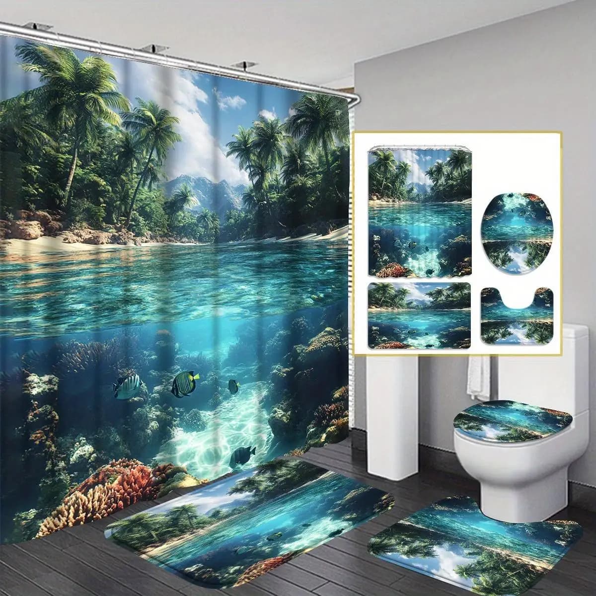 4pc Ocean Palm Tree Shower Curtain Set, Waterproof Quick-Dry Polyester, 71x71 Inch, Machine Washable with 12 Hooks, Bath Mat, Contour Rug, Toilet Lid Cover, Tropical Fish Clear Blue Sea Bathroom Decor