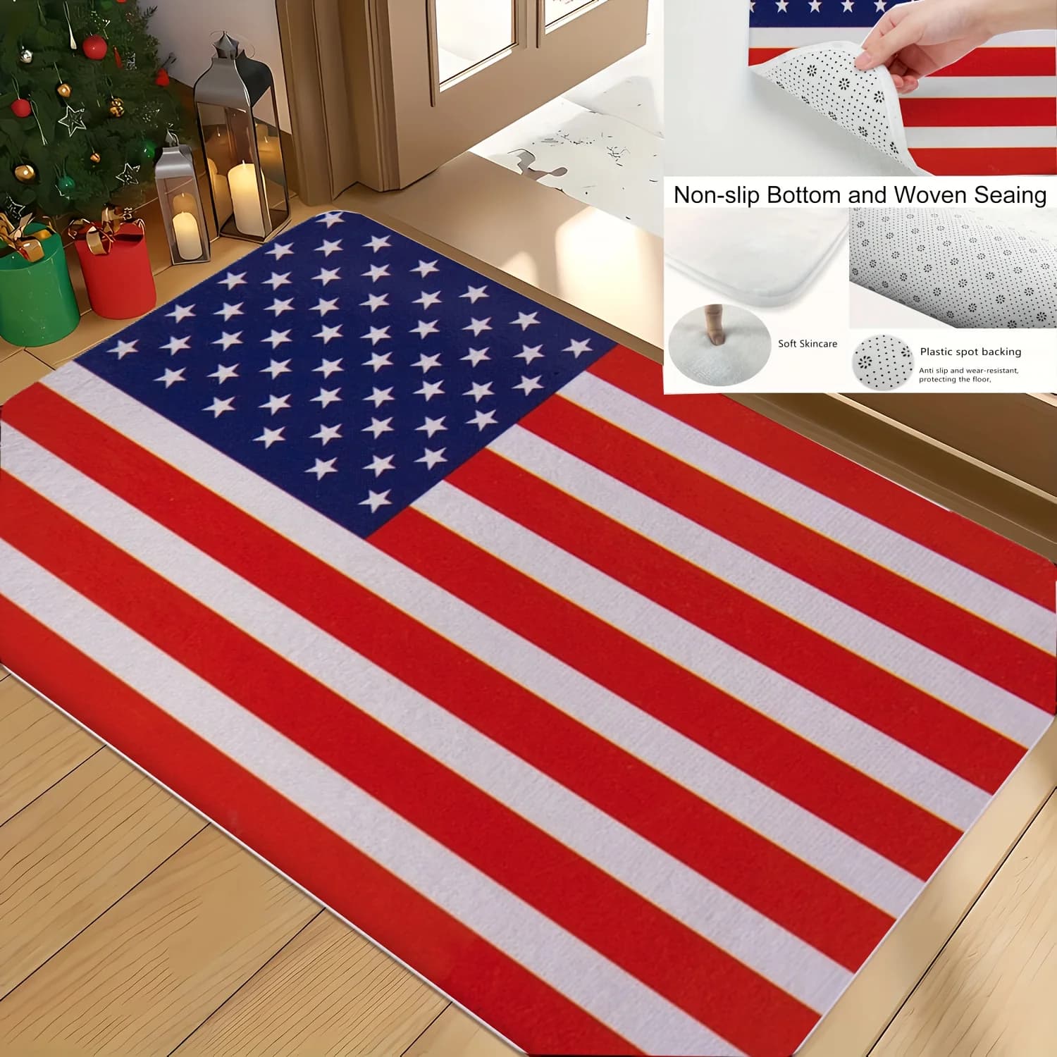 Tappetino da bagno a righe con bandiera americana, tappeto in memory foam di flanella antiscivolo, design patriottico per ingresso doccia bagno, lavabile in lavatrice