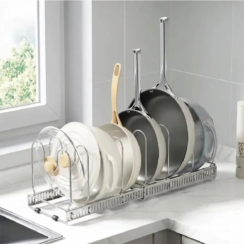 Sturdy Stainless Steel Pot Lid Storage Rack Adjustable Stretch Structure Multiple Separated Curved Brackets Cutting Board Holder