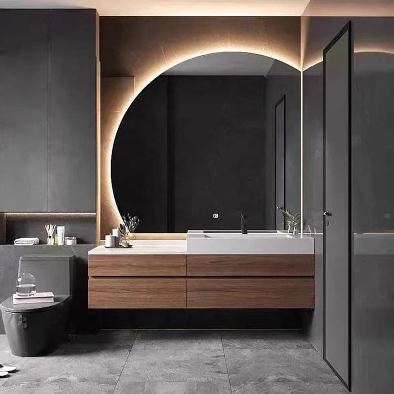 -Mobili da bagno all'ingrosso con pannelli in legno con lavelli singoli doppi e specchio a mezzaluna per bagni di hotel