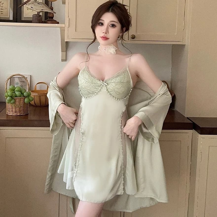 Twinset Women Robe Set Spring Summer Kimono Bathrobe Gown Suit Nightgown Silky Satin Lace Sleepwear Nightdress Home Clothing