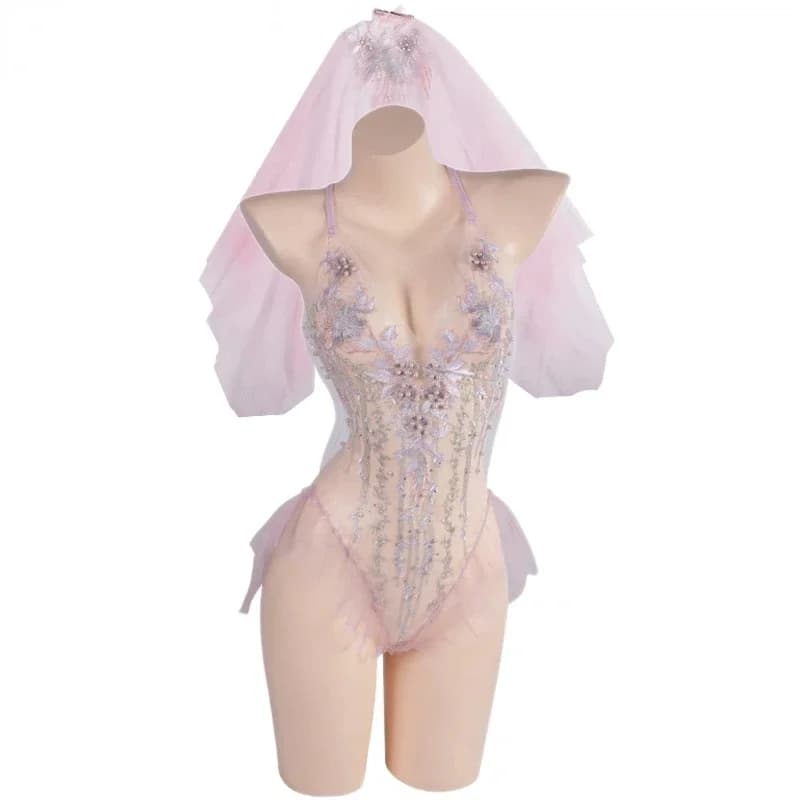Sexy wedding dress, pajamas with veil, cosplay costume, woman, embroidery, lace flower, transparent body, underwear for role-play games for girls