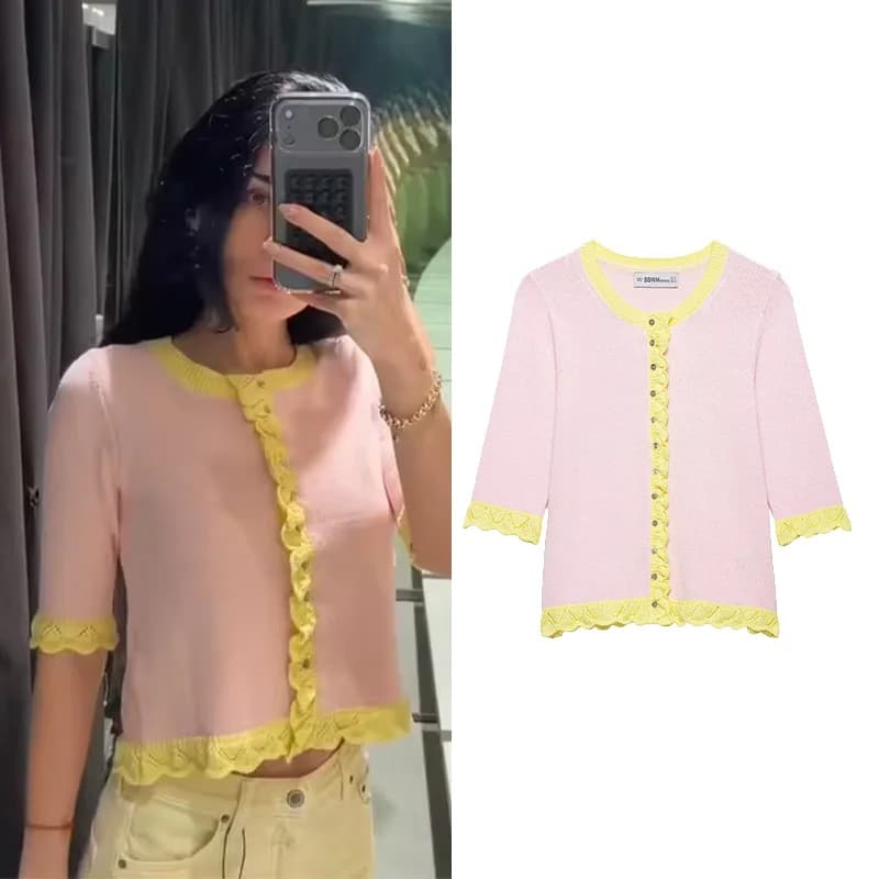 Cardigan in Maglia da Donna Nuovo 2026 Primavera Estate, Collo Tondo, Manica Corta, Lavorazione Pointelle, Maglione Elastico Femminile