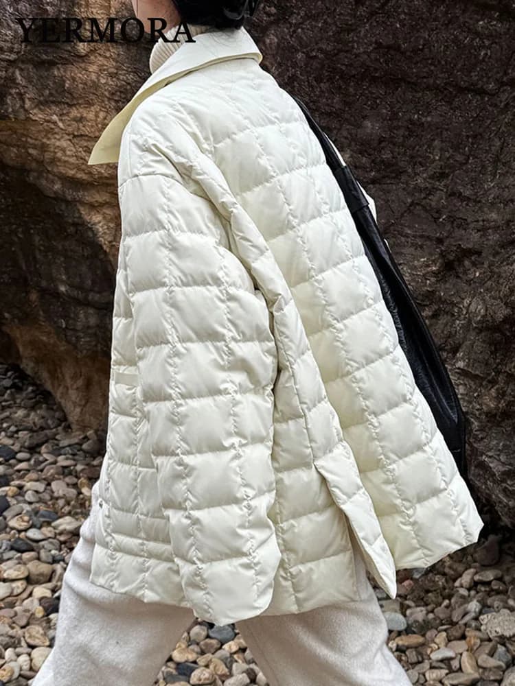 YERMORA Winter Women Apricot Pladi 90 White Duck Feathers Down Jacket Lapel Long Sleeve Loose New Coat Fashion Tide 2025
