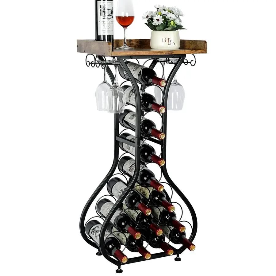 Portabottiglie da Terra Autoportante, Mini Bar con Supporto per Vino, Mobiletto per Liquori con Portabicchieri, Piano in Legno, 14 Bottiglie
