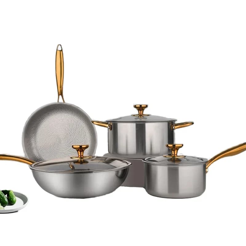 Set di Padelle Antiaderenti in Titanio Puro per Zuppe e Latte, Design Moderno, Wok in Metallo Placcato Oro Senza Rivestimento