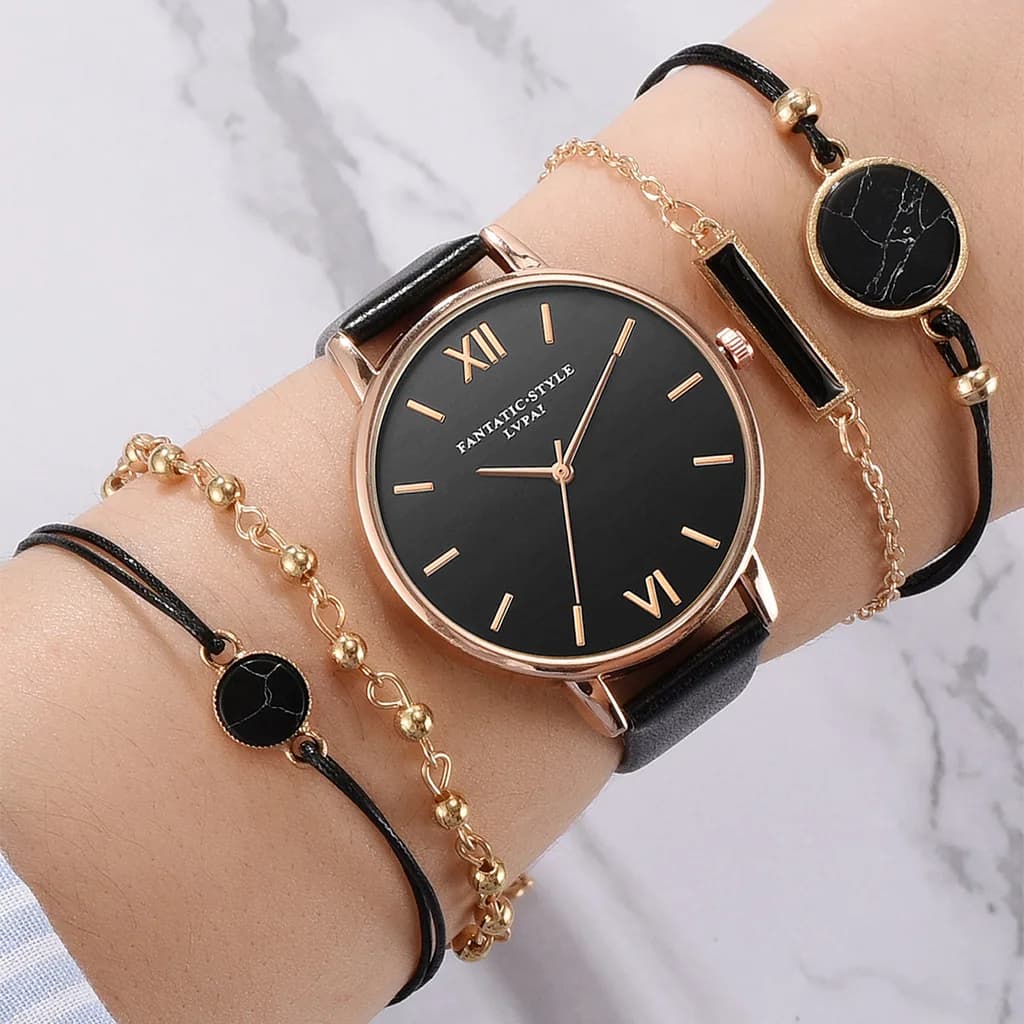 Women's Casual PU Leather Quartz Watch Fashion 5 pcs/set