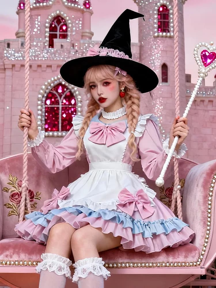 Costume da cameriera rosa Lolita, abito da palcoscenico, costume da cameriera per caffetteria, costume di Halloween, uniforme da bambina