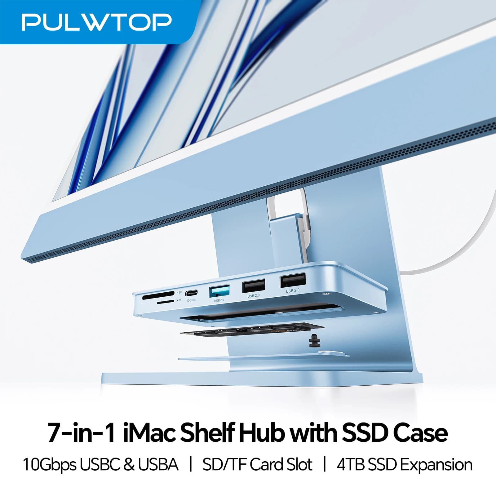 Accessori iMac PULWTOP per iMac24 pollici M1/M3/M4 o Display da studio 27 pollici, con custodia SSD M.2 NVMe, USB A/C 10 Gbps, SD/TF