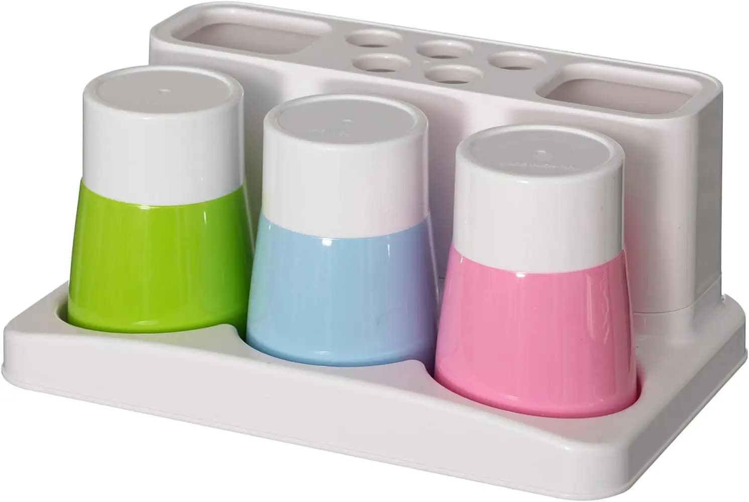 Portaspazzolini in Plastica con 5 Fori, 2 Scomparti per Dentifricio e 3 Bicchieri per il Risciacquo, Essenziale per il Bagno Familiare