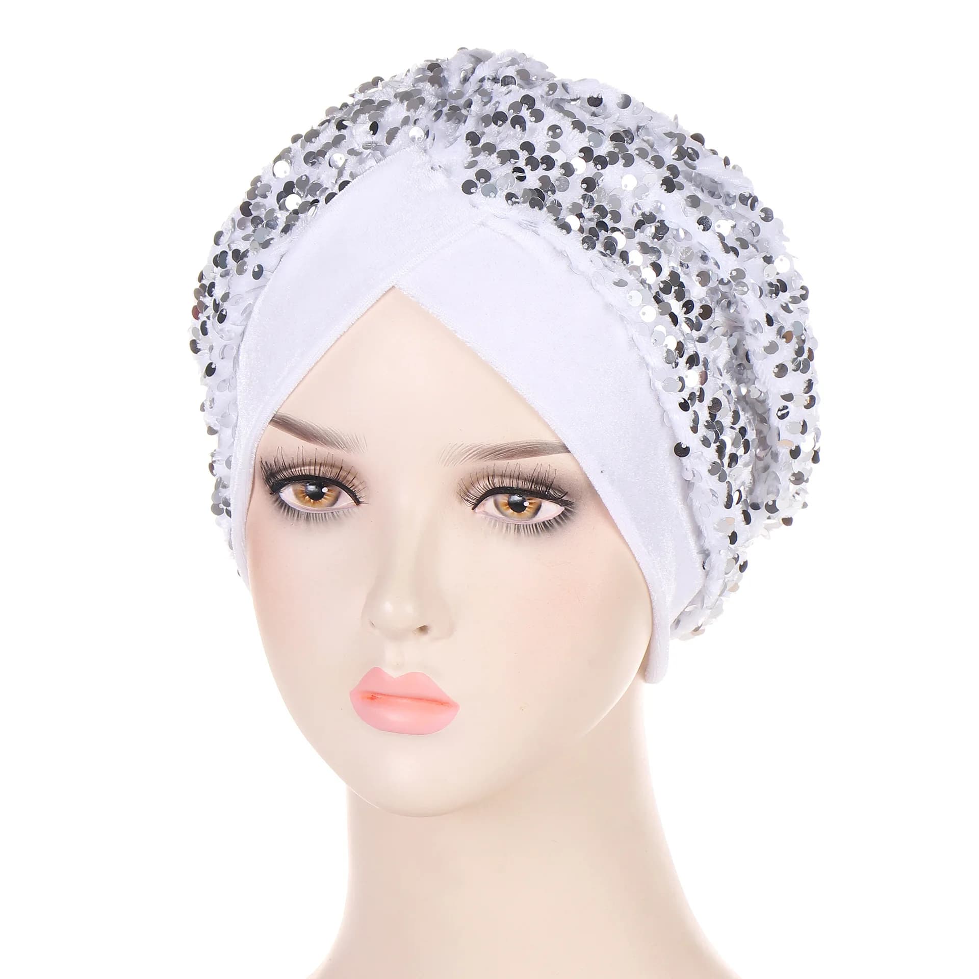 Berretti turbante in velluto con paillettes glitterate per le donne Copricapo musulmano Copricapo indiano Copricapo islamico Berretto chemio Accessori per capelli da donna