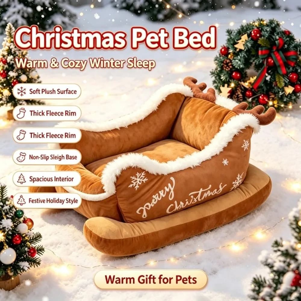 Reindeer Shape Christmas Sleigh Pet Bed Raised Rim Bite Resistant Christmas Dog Cushion Thick Filling Non-Slip