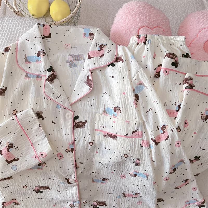 Cute Dot Dog Print Women's Pajamas Sweet Harajuku Style Kawaii Women's Pajamas Set Spring Summer Lapel Neck New Casual Sleepwear