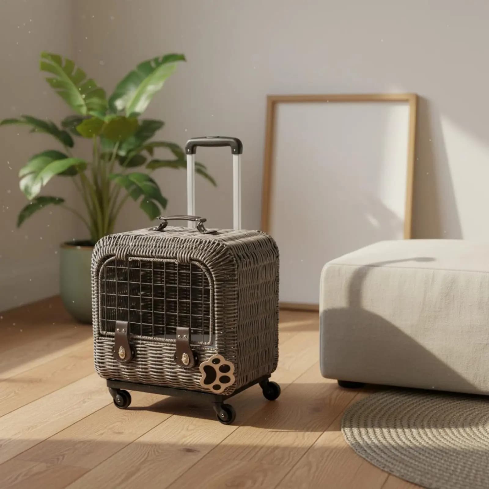 Trasportino per Gatti in Vimini, Borsa da Viaggio per Gatti, Valigia Trolley per Animali Domestici, Ventilata, Facile da Pulire, per Auto