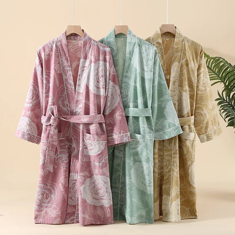 Cotton Double-layer Gauze Bathrobe Hotel Couple's Cotton Nightgown Purple Green Color Printed Women's Sleepwear Yarn Dyed Yukata