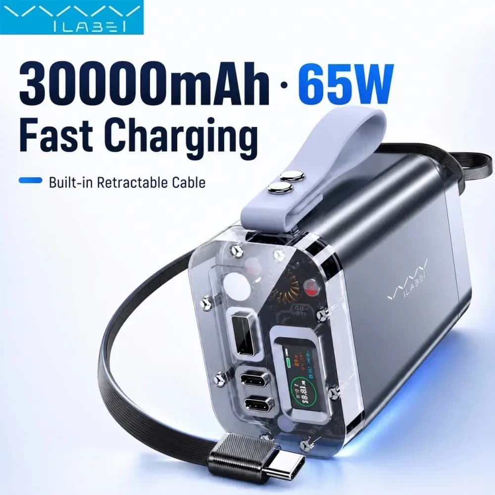 Vyvylabs 30000mAh Power Bank 65W PD Fast Charging Retractable USB-C Cable Digital Display Portable Charger Laptop Travel Camping