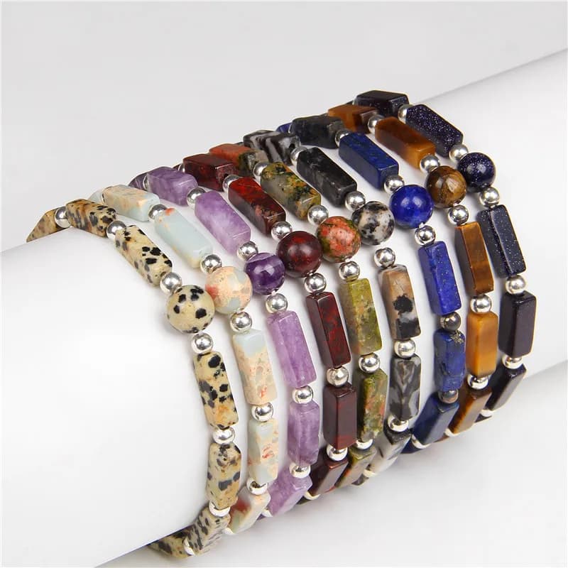 Natural Stone Bracelets 4*13mm for Women's Elastic Bracelet Tiger Eye Blood Stone Crystal Gift Jewelry Yoga