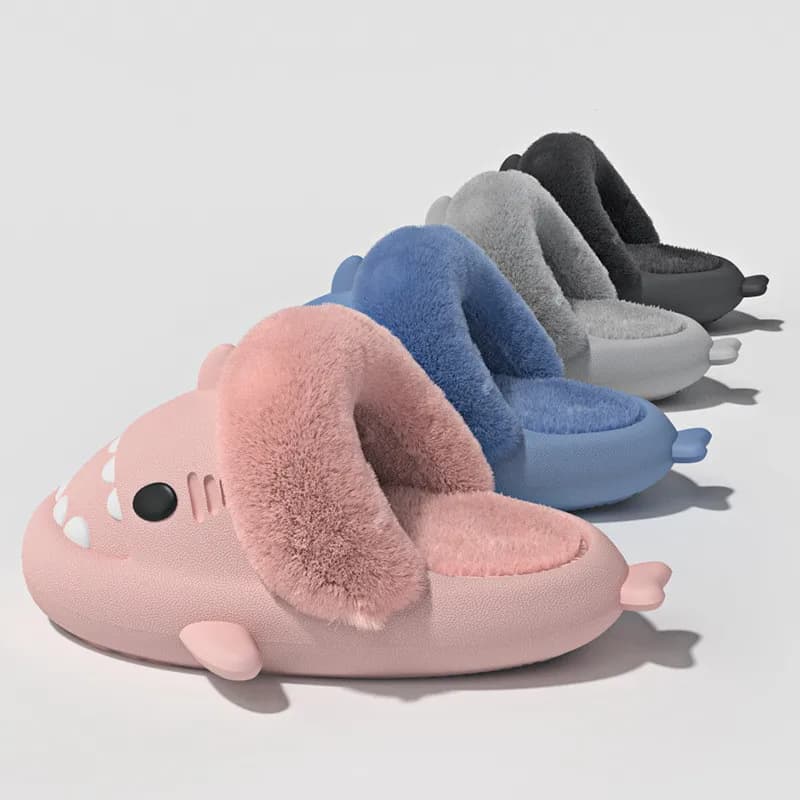 Women Cute Cartoon Shark Slippers Men's Winter Plush Soft EVA Waterproof Flats Shoes Couples House Detachable Warm Fluffy Slides