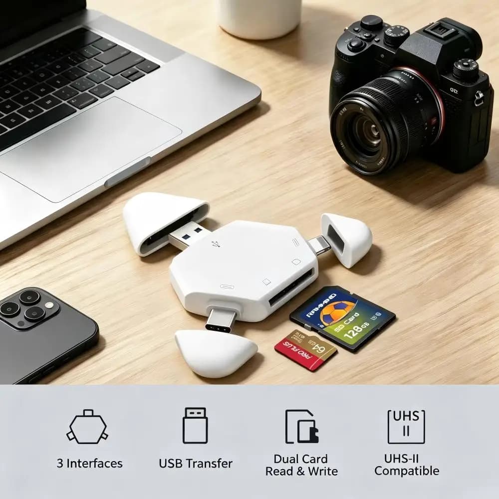 3 In 1 Memory Card Reader With Triangle Magnetic Cap USB-C USB Lightning Port Support TF/SD For PC Laptop MacBook Smart Phone