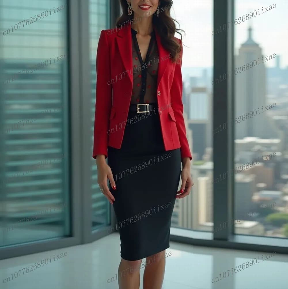 Women's suit with Red and Black skirt, Ceremony formal dress, Women's Smoking for Weddings and Party, Set 2 Pieces Jacket and skirt