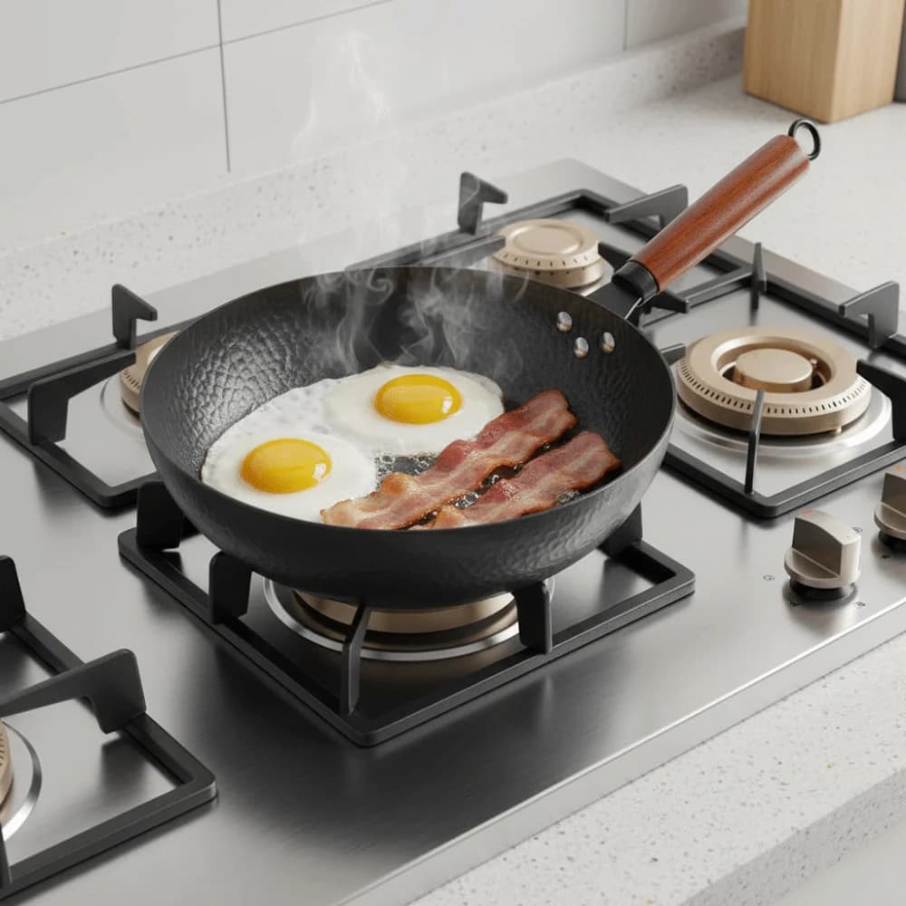 Non-stick Hammered Frying Pan Uncoated Wooden Handle Hammered Iron Wok Lightweight Flat Bottom Cooking Pot Breakfast