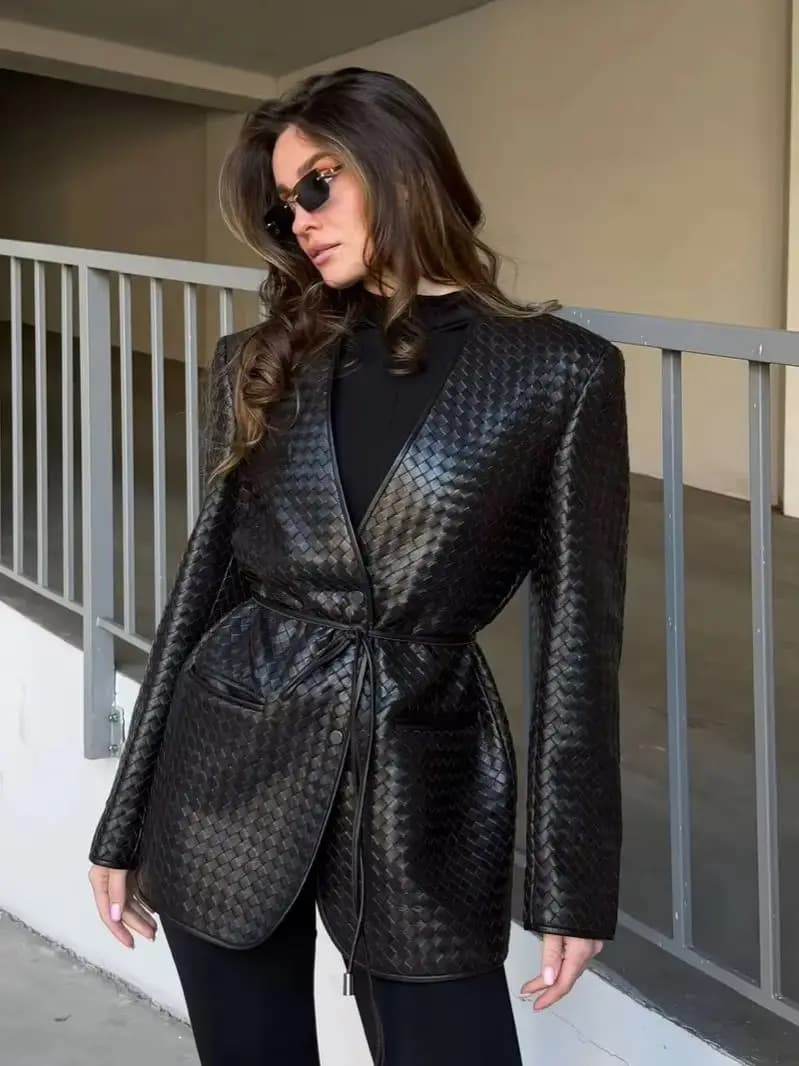 Laur 2026 Women Woven Faux Leather Blazer, V‑Neck Waist Tie Slim Jacket, Elegant Office Outerwear With Pockets