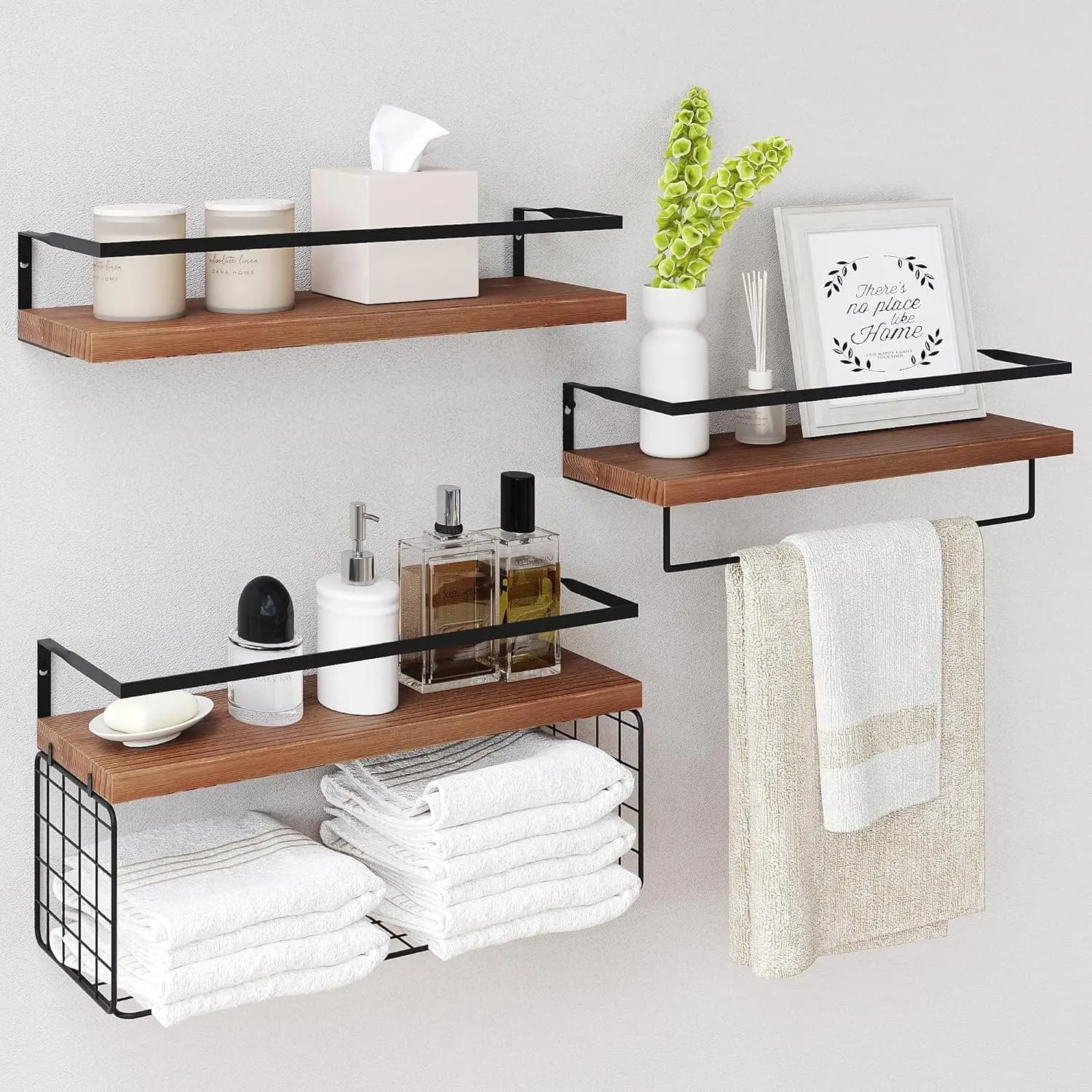 Mensole Galleggianti in Legno da Parete - Set 3+1 Ripiani Rustici per Bagno Sopra il WC con Cesto Portaoggetti in Rete e Porta Asciugamani
