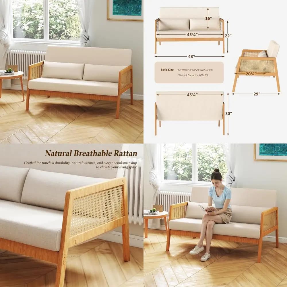Divano a due posti moderno in rattan a 2 posti con struttura in legno e cuscini lombari per soggiorno e posti a sedere per banchetti