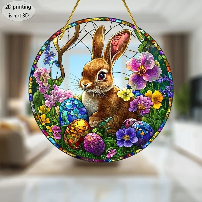 1 cute Easter flat rabbit window pendant 2D hand-painted egg catcher design, candy color gradual change dyed glass process, spring sun refraction dream light spot children's room/living room holiday atmosphere decoration