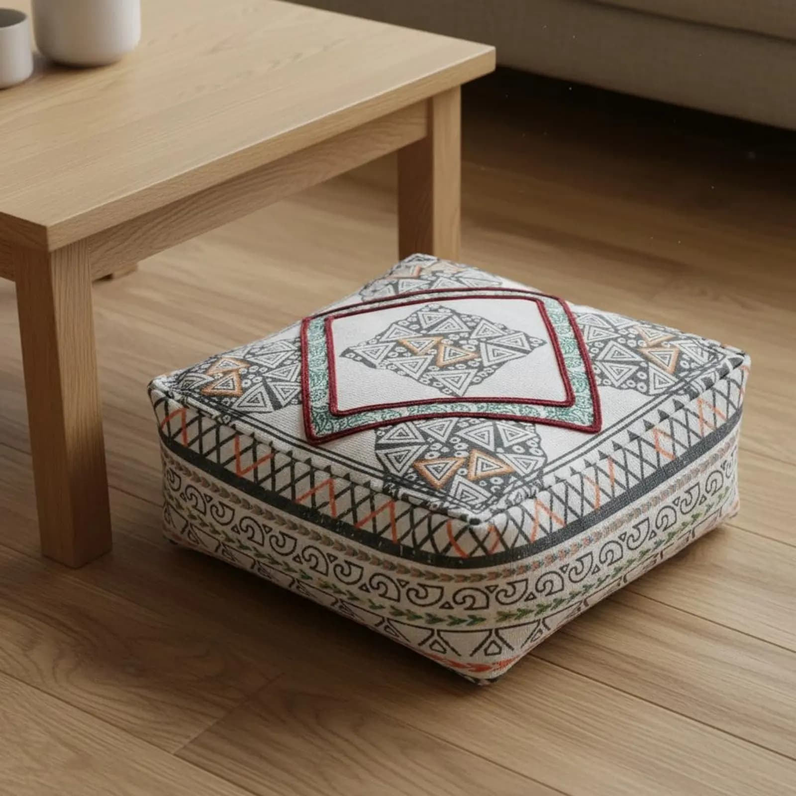 Bohemian Floor Pouf Removable and Cleanable Cover Square Meditation Pillow Cotton Linen Footstool Embroidered Embellishments
