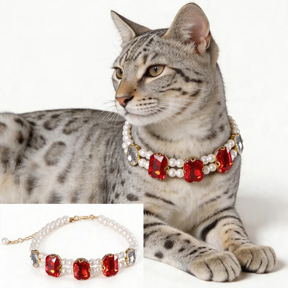 Luxury Pearl Cat Dog Collar Necklace with Colorful Rhinestones Elegant Pet Jewelry for Wedding Party Photoshoot & Daily Wear