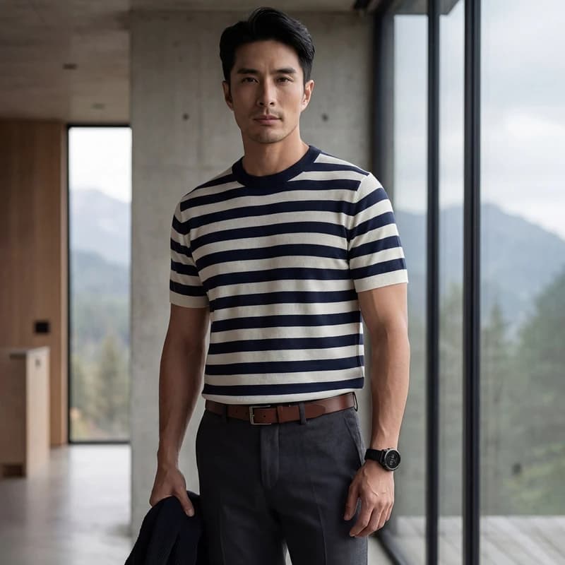 Maglietta da uomo 100% cashmere, casual elegante, a righe, lavorata a maglia, a maniche corte, girocollo, 18 aghi, maglia, top, blusa