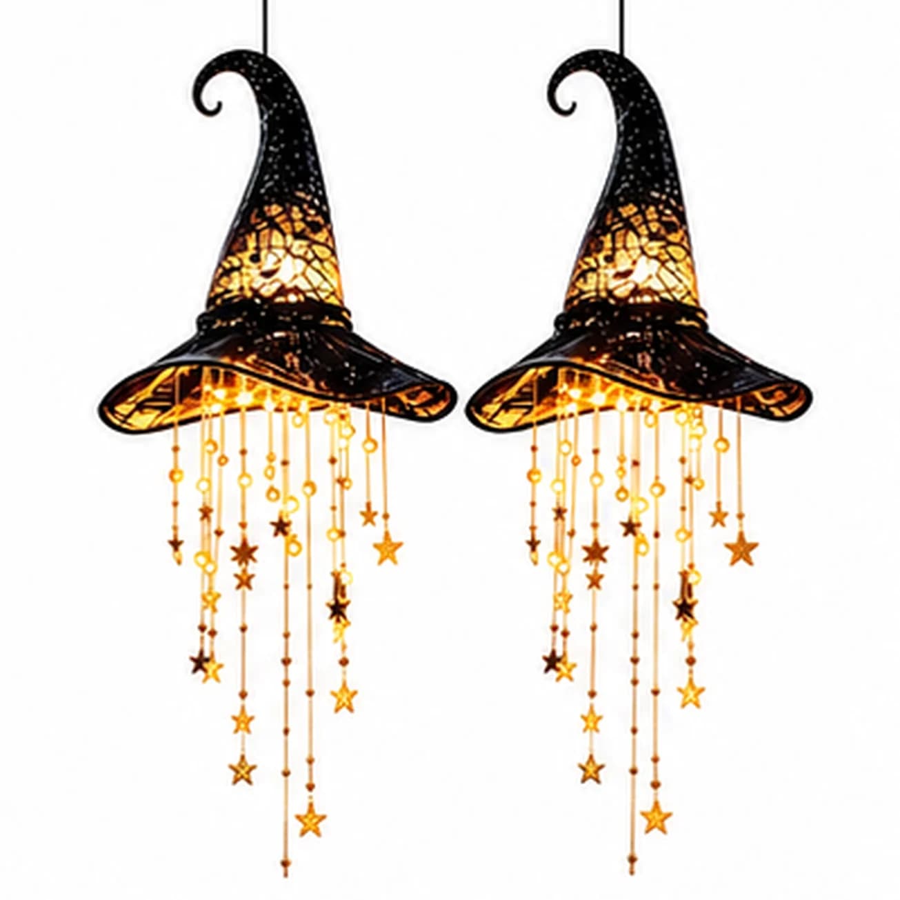 2Pcs Lighted Witch Hat Hanging Wind Chime with Glowing Star Tassel LED Halloween Ornament Decor Warm LED Light Hanging Witch Hat