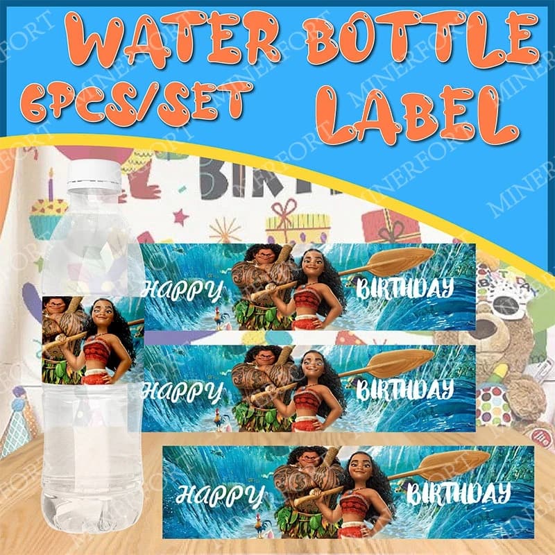 Adesivi per etichette per bottiglie d'acqua a tema Moana Maui per baby shower Decorazione per feste di compleanno Forniture per matrimoni Regalo per festival di Natale