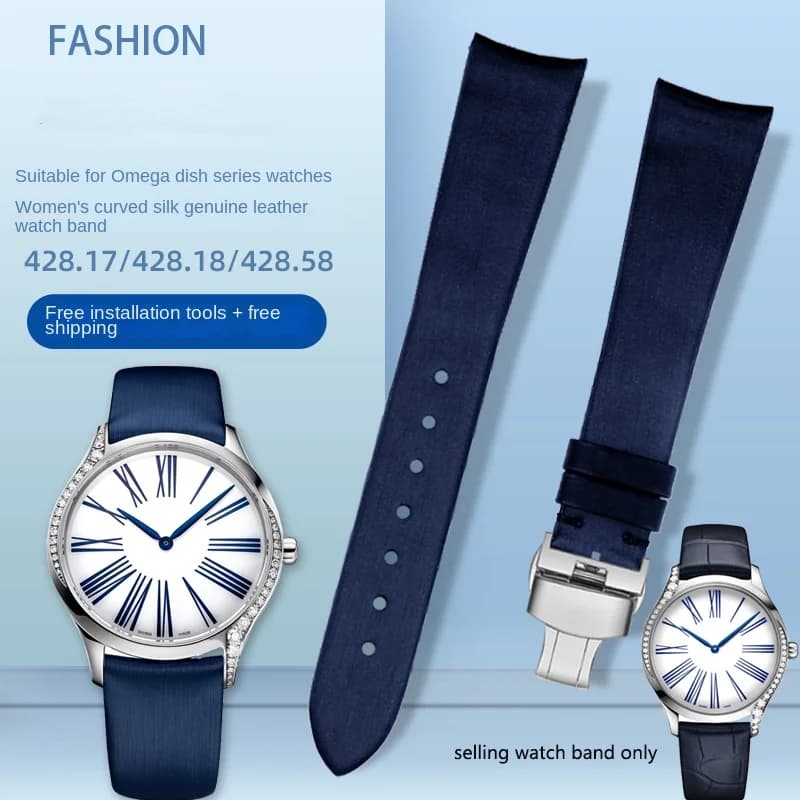 18mm Curved silk strap bracelet for Omega Disc Fly series classic 428.17 genuine leather watchband women's watch chain accessory