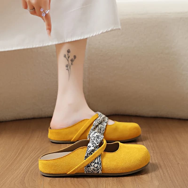 Mules piatte a punta chiusa, stile fatato, ciabatte a mezzo piede abbinabili, design leggero e confortevole per l'uso quotidiano all'aperto