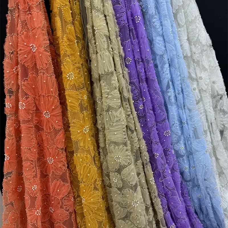 130cm Wide Hot-Selling Heavy-Duty 3D Beaded Embroidered Fabric Coiled Flower Sequins for Women's Dresses & Bridal Gowns