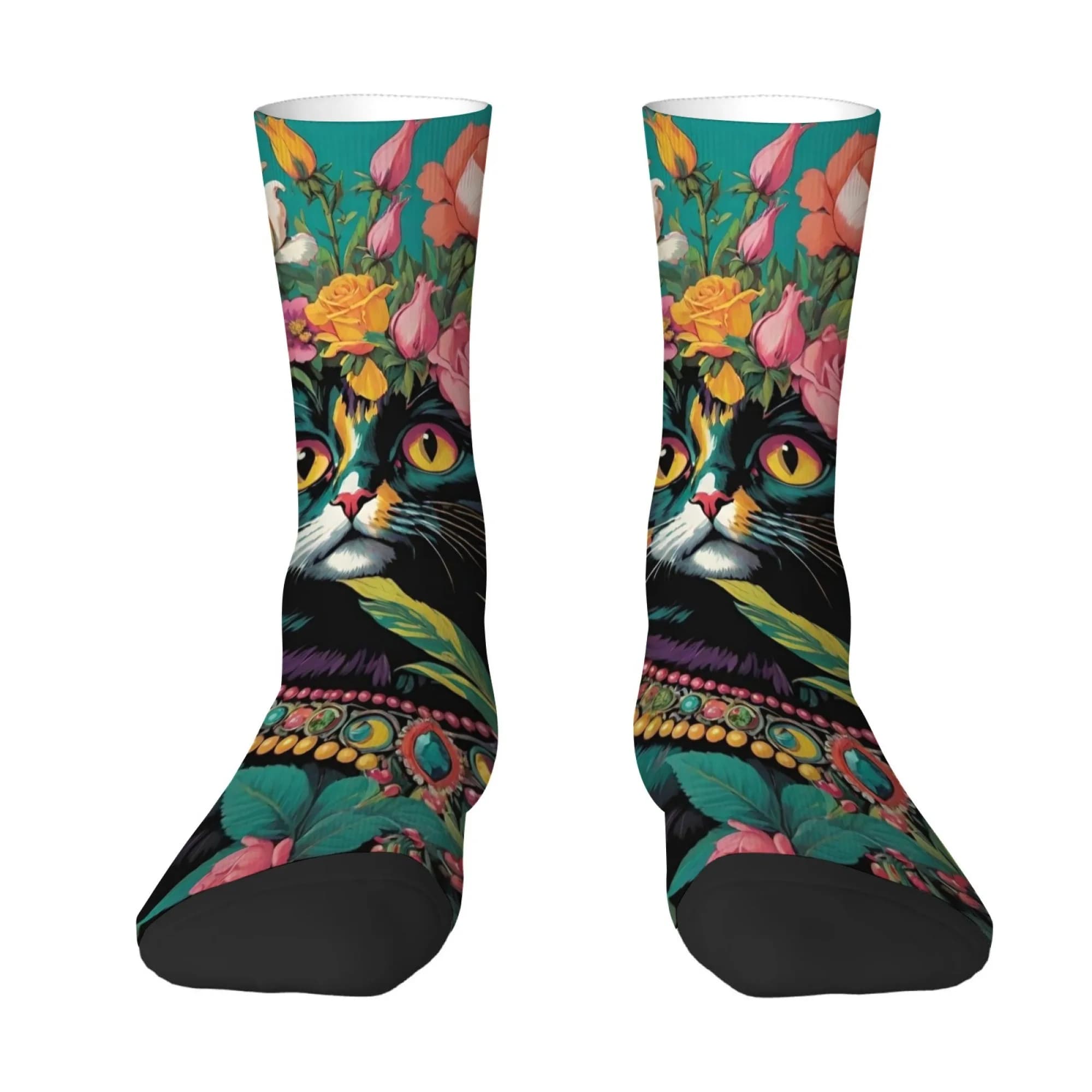 Socks in Mid Polpaccio with Floral Decorations in Folk Style with Adorable Cat, Glamour Style and Comfortable for the Daily Use for Cat Owners