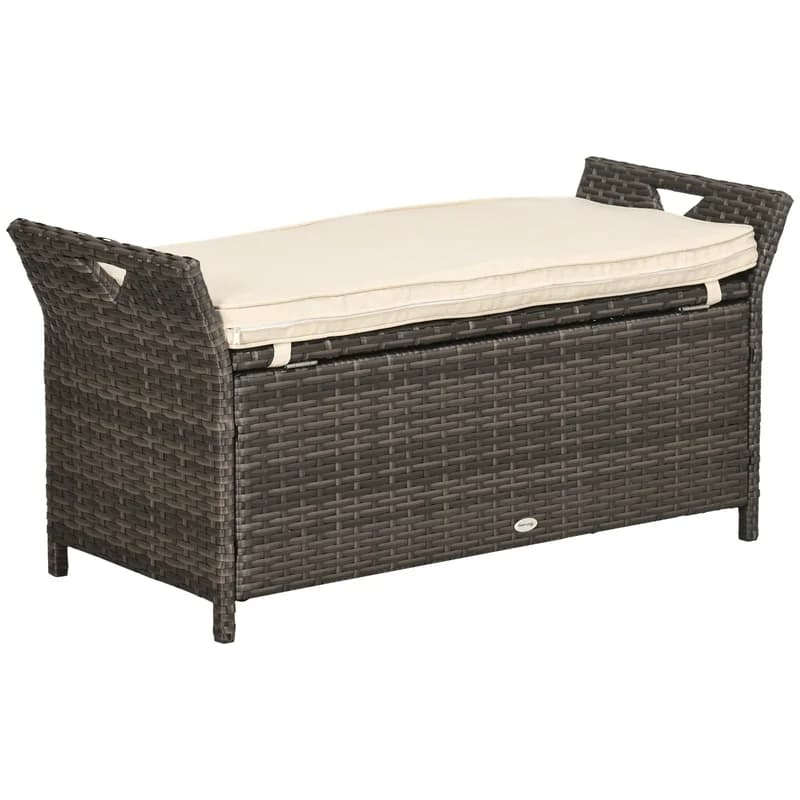 Outsunny 27-Gallon Outdoor Wicker Storage Bench with Cushion, Cream White, Rectangle Garden Seat with Handles
