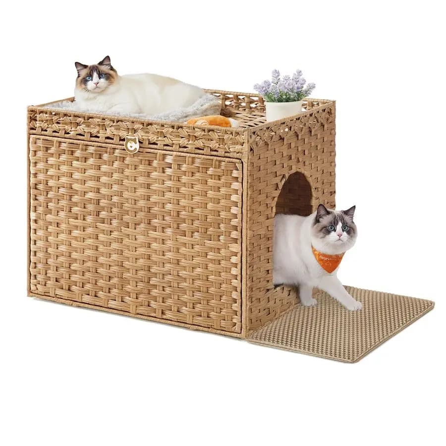 Contenitore per lettiera per gatti, mobili per lettiera nascosti in rattan intrecciato a mano con tappetino per lettiera extra, vassoio lavabile rimovibile, gatto Boho
