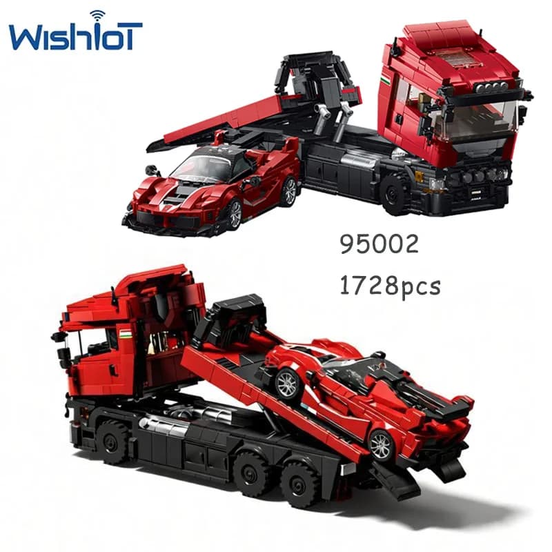 Kit di Blocchi da Costruzione DIY 95002 Camion Rosso con Rimorchio, 1728 Pezzi, Modellino di Auto da Corsa per Ragazzi, Giocattolo Puzzle