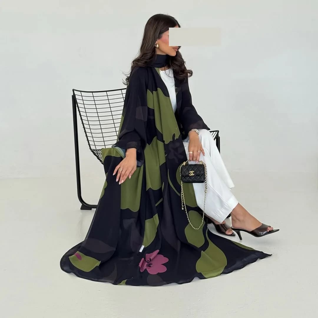 Two-piece Arabic Muslim Clothes Set for Women Ramadan Dubai Chiffon Hijab Abaya Dress New Islamic Turkey Color-blocking Robe