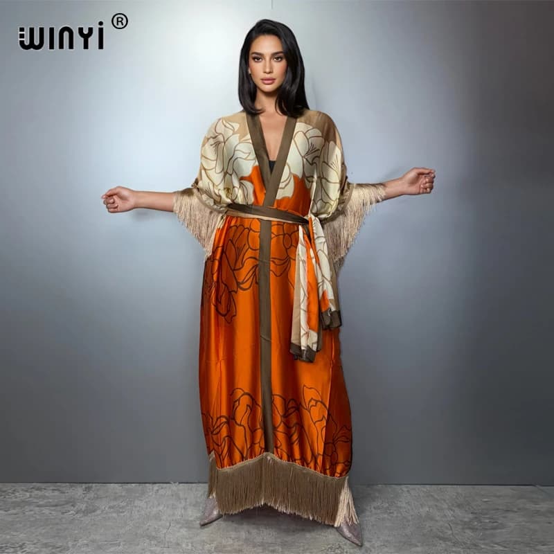 Summer dress WINYI style kimono boho, beach clothing, abaya for Muslim woman, cardigan, party dress, dress with tassels, abaya Dubai, luxury dress.