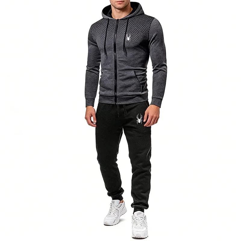 Men's Casual Jumpsuit Spring-Autumn, Set 2 Pieces with Jacket with Hood and Zip Printed + Pants, Outfit Sporty Fashion for Streetwear