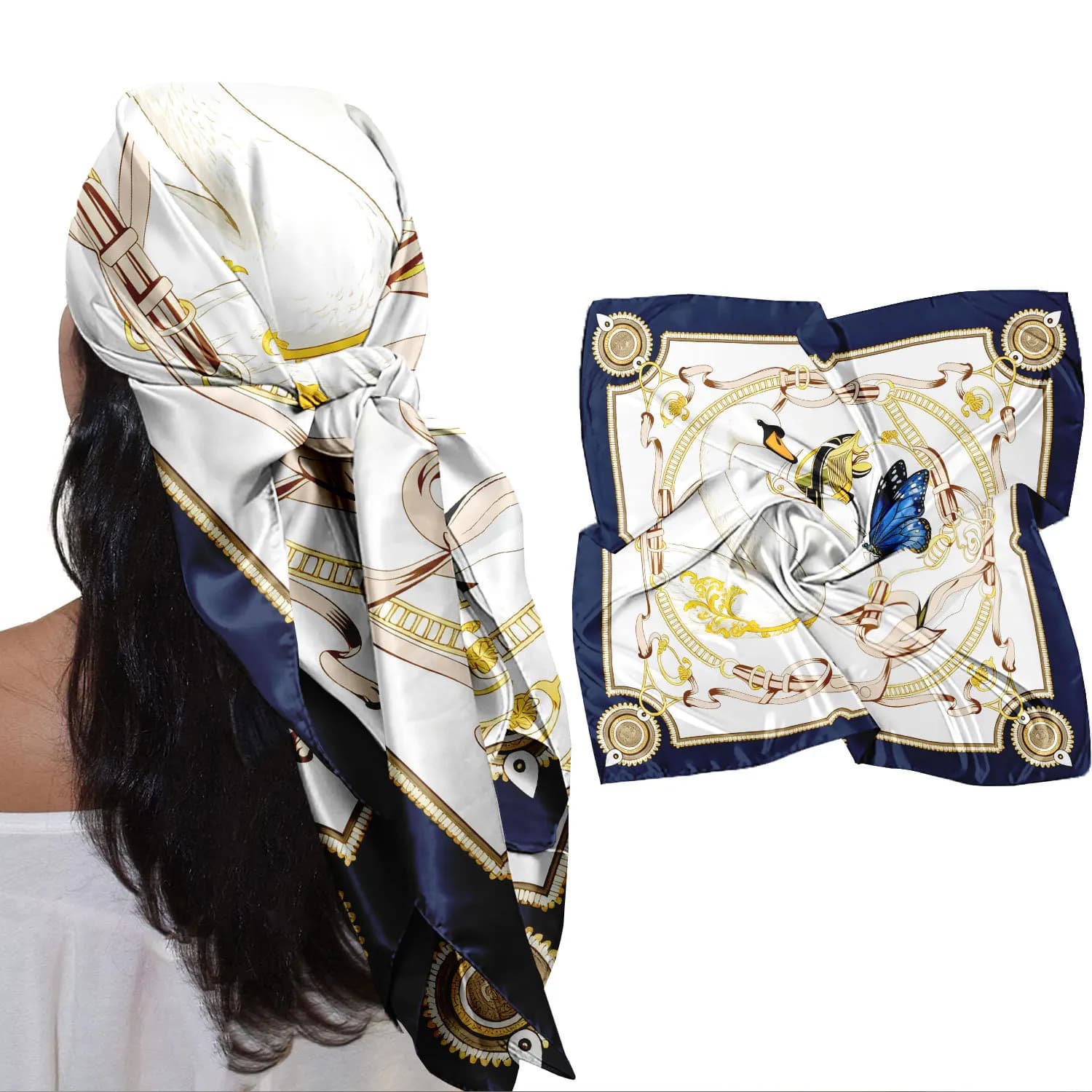 0432 women's floral satin square scarf - soft silk-like texture, versatile headscarf, neckerchief, and head wrap