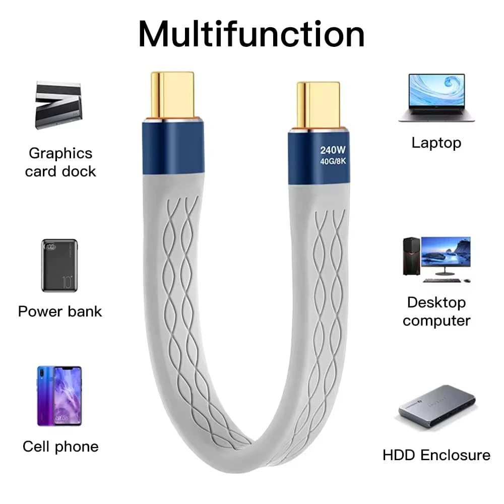 Quick Charging USB-C Type C Short Cable from 240 W Quick Charging USB-C Data Transfer from 40 Gbps Extension Cable for Data Charging FPC Slim Plate 8K
