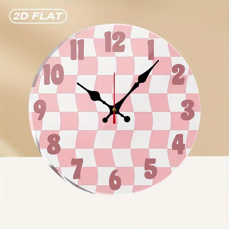 Silent Acrylic Round Wall Clock with Pink and White Braided Grid, No Ticking, for Home Furniture, Office, Room, Living Room, Bedroom, Kitchen
