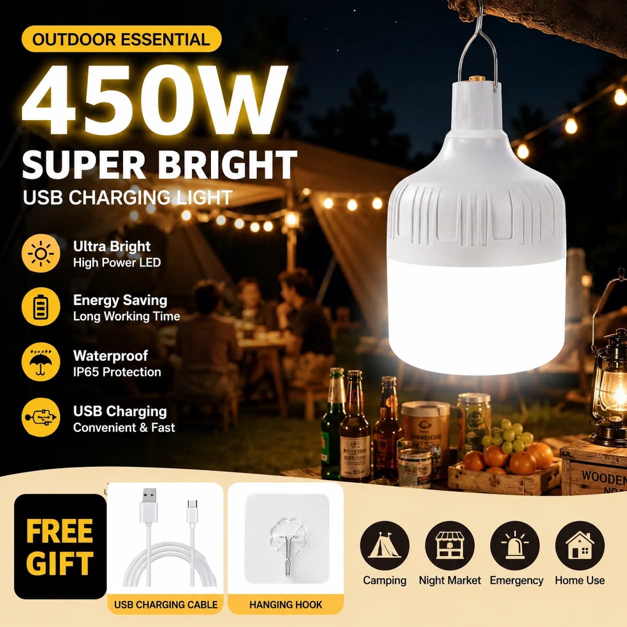 Portable Outdoor BBQ Camping Lights USB Rechargeable Lamp LED Emergency Bulb Hook High Power Tents Lantern Night Lights Bulb
