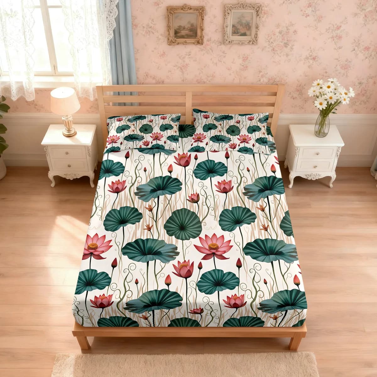 Set di 3 Lenzuola con Stampa di Loto, Copriletto Morbido Multimisura, Decorazione per Camera da Letto